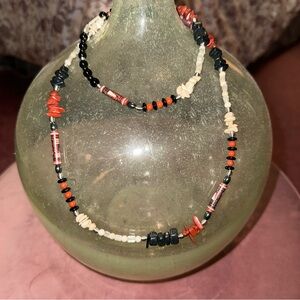 Tribal style beaded necklace with stones black red and white